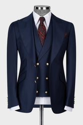 Dark Navy Peaked Lapel 3 Piece Business Men Suit
