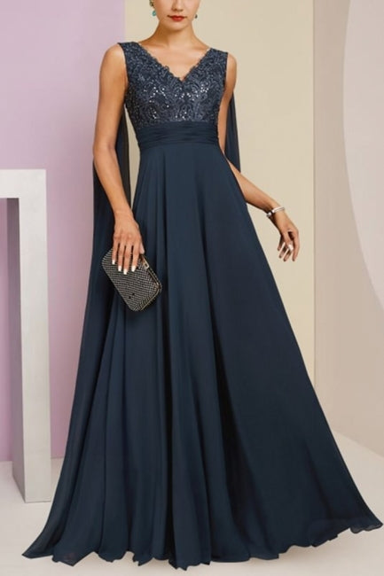 Dark Navy Prom Dress A Line V Neck Sequined Sleeveless Chiffon Formal Dress With Appliques