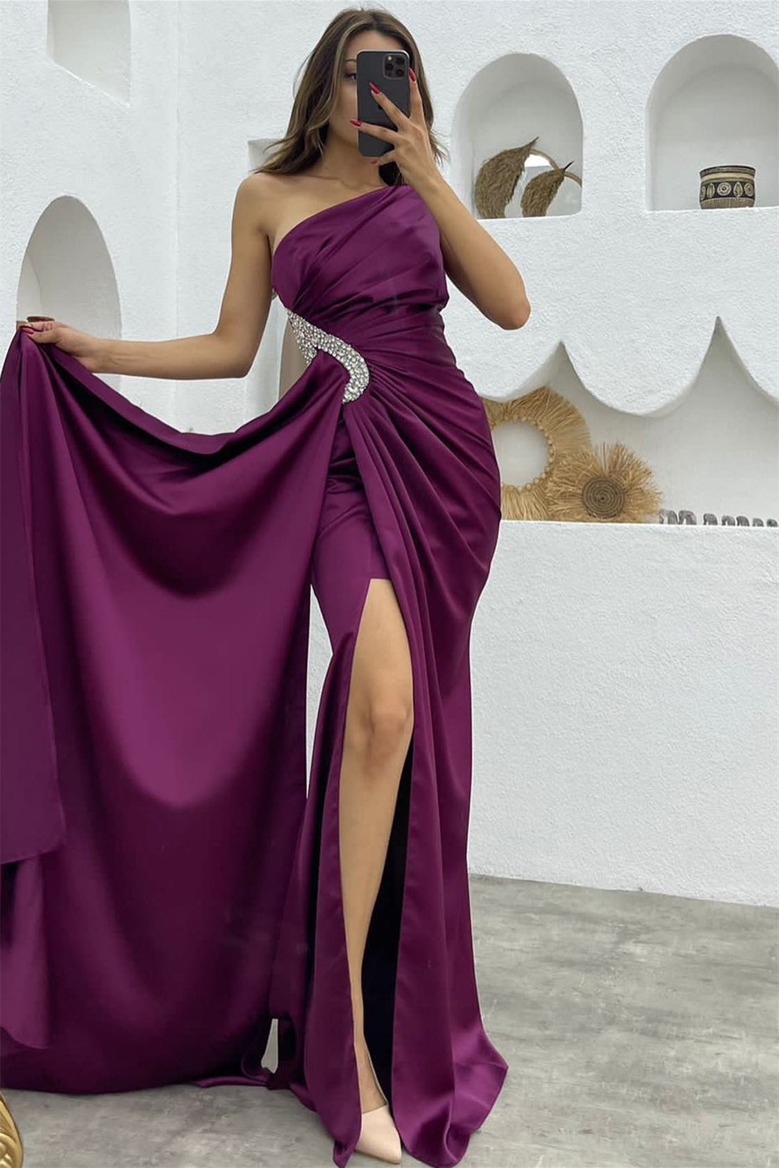 Dark Purple Sequin Split Mermaid One Shoulder Evening Dress with Long Ruffles