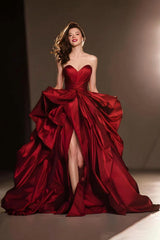 Dark Red Ball Gown Ruffled Sweetheart Long Pageant Dress With Slit