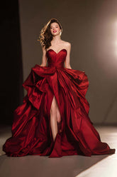 Dark Red Ball Gown Ruffled Sweetheart Long Pageant Dress With Slit
