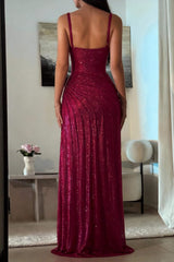 Dark Red Glitter Bodycon Homecoming Dress With Sweetheart Neck Spaghetti Straps Ruched Side Slit Formal Evening Gown