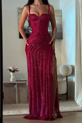 Dark Red Glitter Bodycon Homecoming Dress With Sweetheart Neck Spaghetti Straps Ruched Side Slit Formal Evening Gown
