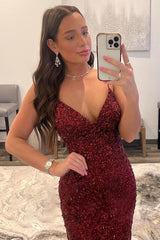 Dark Red Prom Dress Sequined Long Evening Dress with Slit