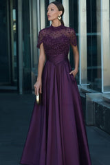Green A Line Prom Dress Short Sleeve High Neck Beaded Evening Dress