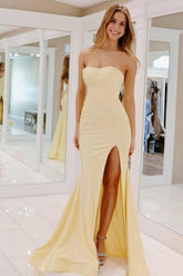 Dazzling Yellow Mermaid Strapless Dress With Flowing Slit Prom Dress Formal Evening Gown