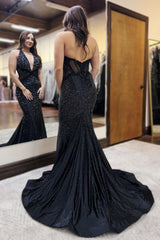 Deep V-Neck Black Prom Dress Mermaid Formal Dress
