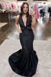 Deep V-Neck Black Prom Dress Mermaid Formal Dress