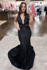 Deep V-Neck Black Prom Dress Mermaid Formal Dress