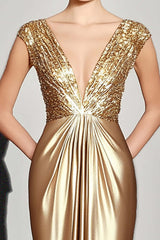 Deep V-Neck Gold Ruched Long Gala Dress