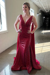 Deep V Neck Prom Dress Mermaid Burgundy Sequined Long Evening Dress with Wateau Train