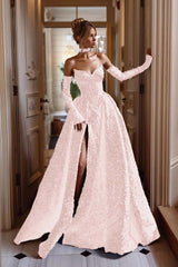 Detachable Train Prom Dress Long Sleeve Sweetheart Sequined Evening Dress