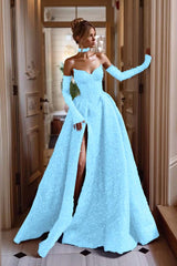 Detachable Train Prom Dress Long Sleeve Sweetheart Sequined Evening Dress