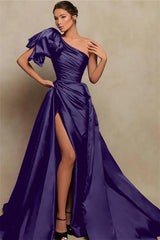 Detachable Train Prom Dress Sleeveless One Shoulder Satin Evening Dress