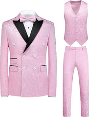 Double Breasted Pink Jacquard 3 Piece New Arrival Prom Suit
