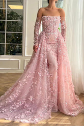 Dreamyannie 3D Flowers Pink Prom Dress Off The Shoulder Formal Dress With Panel Train