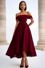 Dreamyannie A Line Burgundy Wedding Guest Dress Ruched Tea-Length Formal Dress
