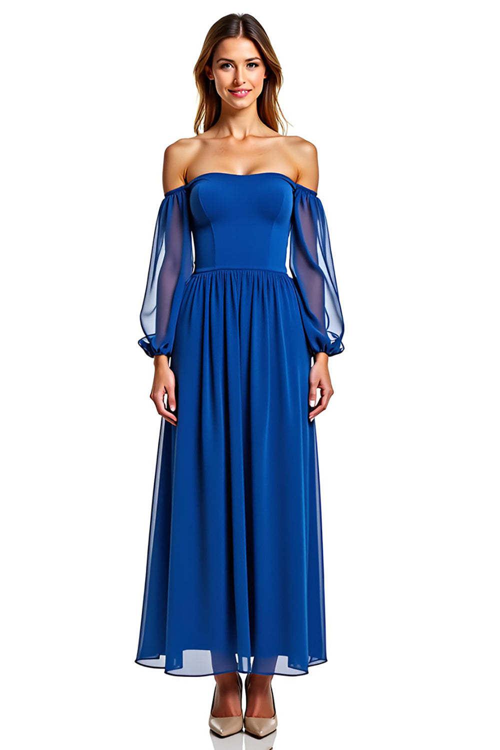 Dreamyannie A Line Chiffon Royal Blue Wedding Guest Dress Long Formal Dress With Long Sleeves