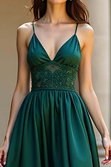 Dreamyannie A Line Dark Green Wedding Guest Dress Satin Backless Long Formal Dress