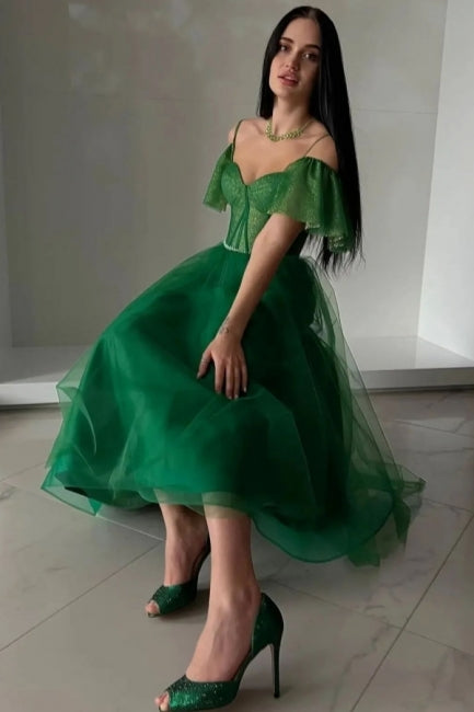 Dreamyannie A Line Green Prom Dress Off The Shoulder Tulle Sweetheart Formal Dress With Glitter