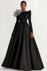 Dreamyannie A-Line Long Black Wedding Guest Dress Satin Boat Neck Formal Dress With Long Sleeves