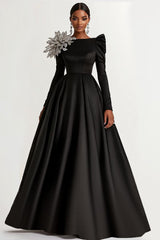 Dreamyannie A-Line Long Black Wedding Guest Dress Satin Boat Neck Formal Dress With Long Sleeves