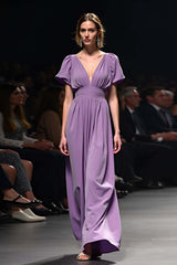 Dreamyannie A Line Long Purple Wedding Guest Dress V-Neck Wedding Guest Dress With Short Sleeves