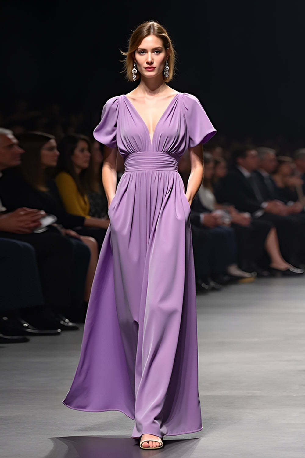 Dreamyannie A Line Long Purple Wedding Guest Dress V-Neck Wedding Guest Dress With Short Sleeves