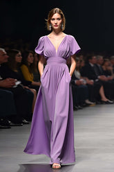 Dreamyannie A Line Long Purple Wedding Guest Dress V-Neck Wedding Guest Dress With Short Sleeves