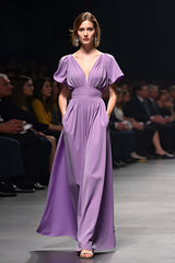 Dreamyannie A Line Long Purple Wedding Guest Dress V-Neck Wedding Guest Dress With Short Sleeves