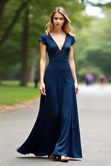 Dreamyannie A Line Navy Wedding Guest Dress V-Neck Long Formal Dress With Cap Sleeves