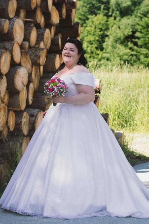 Dreamyannie A Line Plus Size Wedding Dress Off the Shoulder Lace Up Bridal Gown