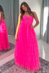 Dreamyannie A-Line Red Prom Dress Tiered Sweetheart Hollow Out Long Formal Dress