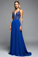 Dreamyannie A Line Royal Blue Wedding Guest Dress Long Chiffon Formal Dress With Beading