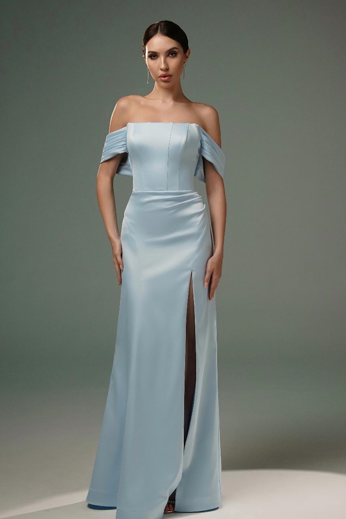 Dreamyannie A Line Satin Off The Shoulder Sleeveless Evening Dress With Slit