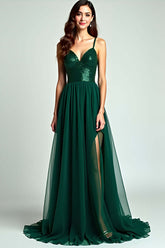 Dreamyannie A Line Spaghetti Straps Dark Green Wedding Guest Dress Long Formal Dress With Slit