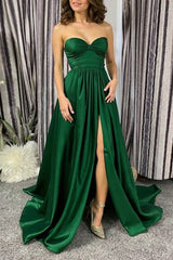 Dreamyannie A Line Sweetheart Dark Green Prom Dress Satin Formal Dress With Slit