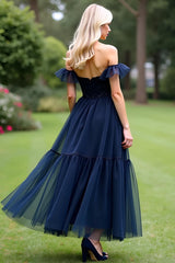 Dreamyannie A Line Tulle Navy Wedding Guest Dress Sweetheart Ankle-Length Formal Dress