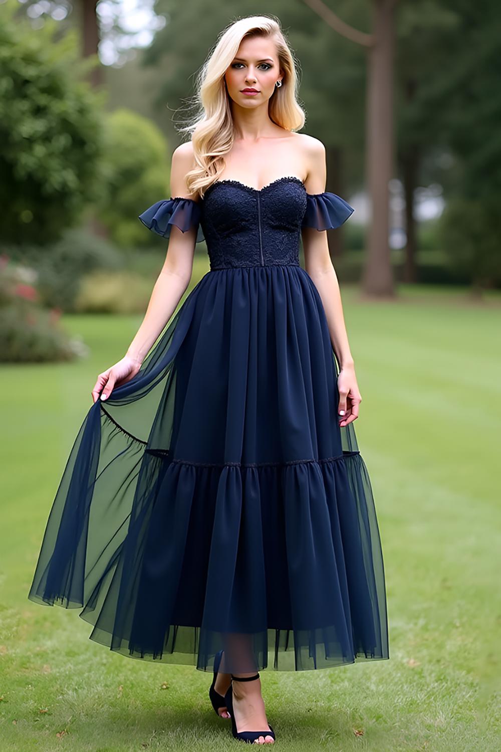 Dreamyannie A Line Tulle Navy Wedding Guest Dress Sweetheart Ankle-Length Formal Dress