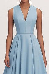 Dreamyannie A Line V Neck Blue Wedding Guest Dress Tea Length Formal Dress