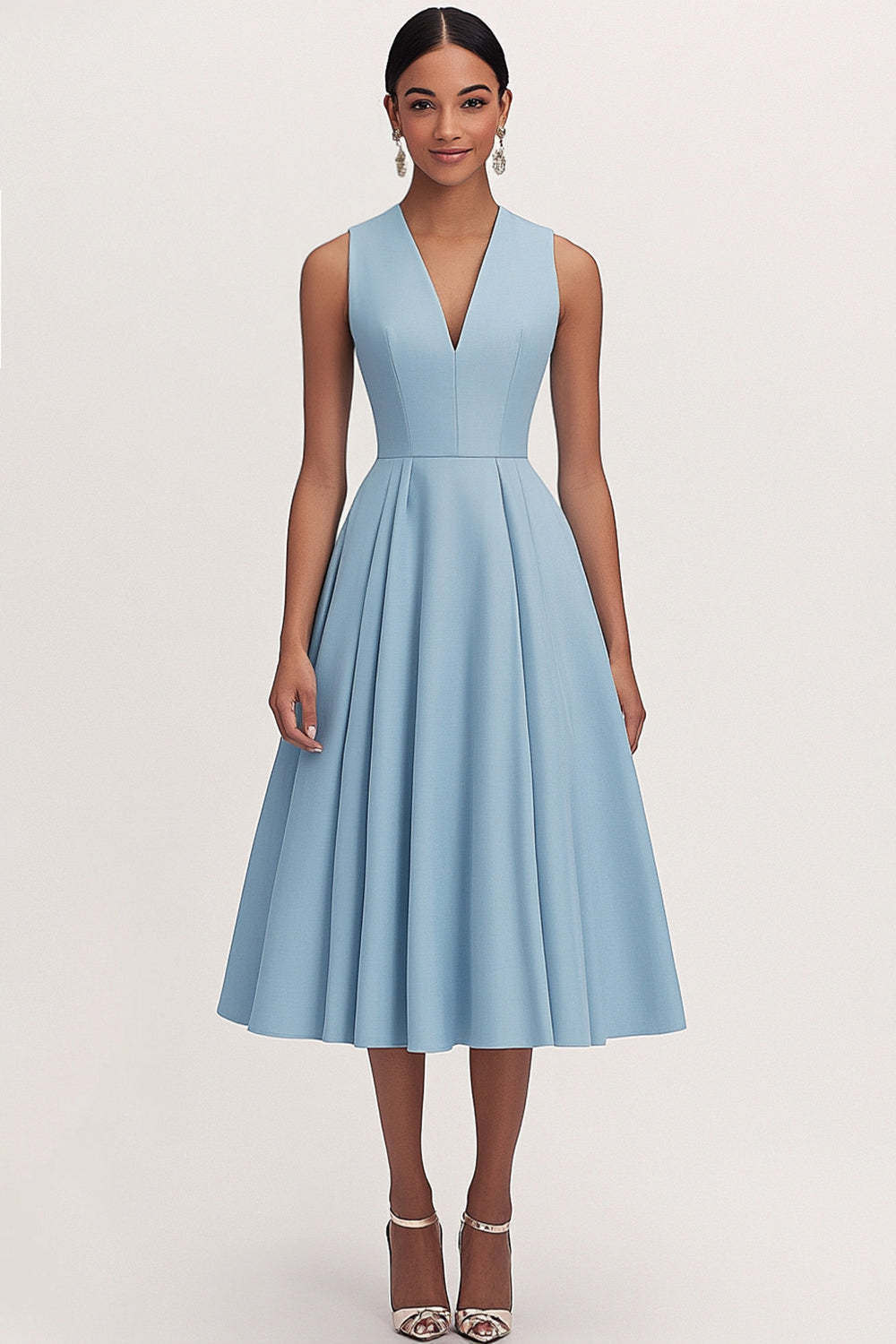 Dreamyannie A Line V Neck Blue Wedding Guest Dress Tea Length Formal Dress