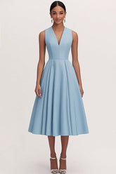 Dreamyannie A Line V Neck Blue Wedding Guest Dress Tea Length Formal Dress