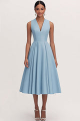 Dreamyannie A Line V Neck Blue Wedding Guest Dress Tea Length Formal Dress