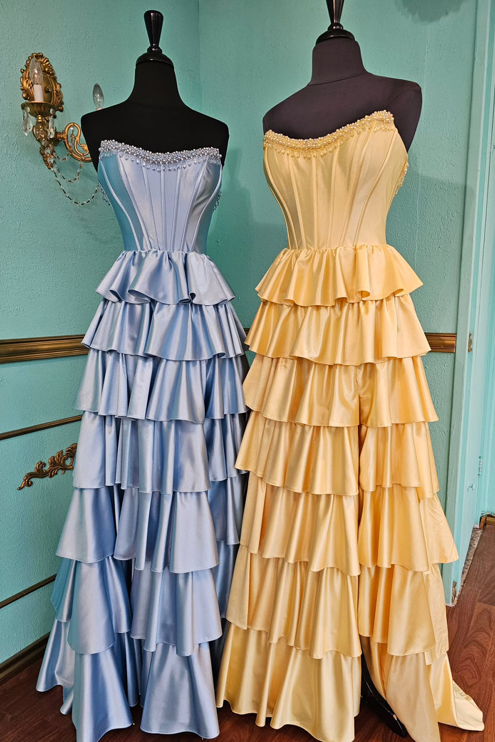 Dreamyannie A Line Yellow Prom Dress Tiered Satin Long Corset Formal Dress With Slit