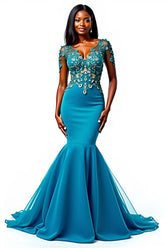 Dreamyannie Appliqued Blue Wedding Guest Dress Mermaid Long Formal Dress With Short Sleeves