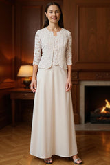 Dreamyannie Apricot Chiffon Square Neck Floor Length 3 Piece Mother Of The Bride Dress With Jacket