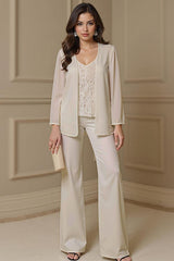 Dreamyannie Apricot Chiffon V Neck 3 Piece Mother Of The Bride Pant Suits With Jacket