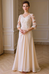 Dreamyannie Apricot Chiffon V Neck Sheath Floor Length Mother Of The Bride Dress With Lace