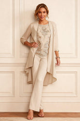 Dreamyannie Apricot Embroidered Round Neck 3 Piece Mother Of The Bride Pant Suits With Jacket