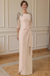 Dreamyannie Apricot Floral Sheath Floor Length Mother Of The Bride Dress With Bow
